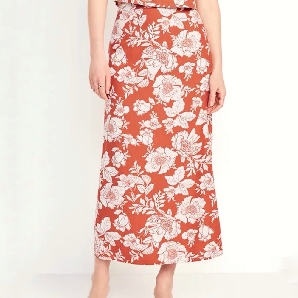 Old Navy Linen Blend Floral Maxi Skirt High Waisted Coral Red Cream Long Small